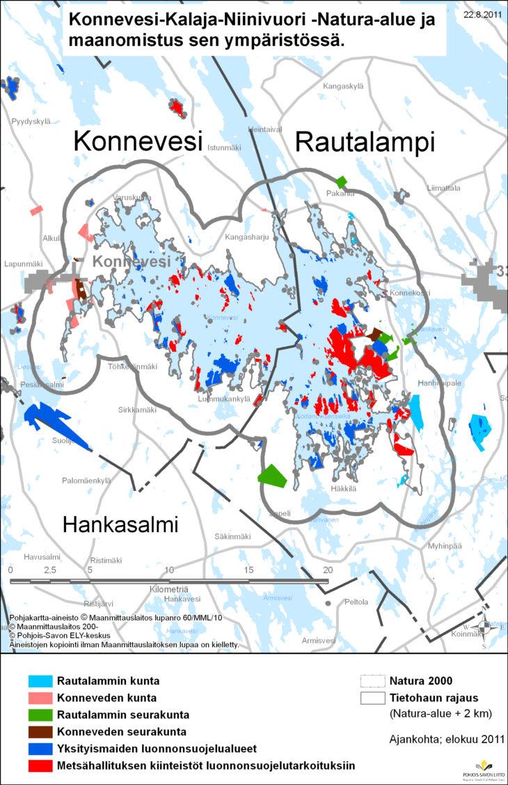 Kartta, jossa näkyy väritettyinä alueina Konnevesi-Kalaja-Niinivuori -Natura-alue sekä maanomistus sen ympäristössä.