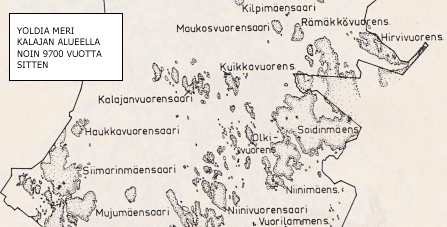 Karttakuva, jossa näkyy Yoldia-meren vedenpinnan korkeus Kalajan alueella noin 9700 vuotta sitten.