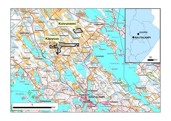 Kartta, johon merkitty Koivuniemen ja Käpysuon alueet.