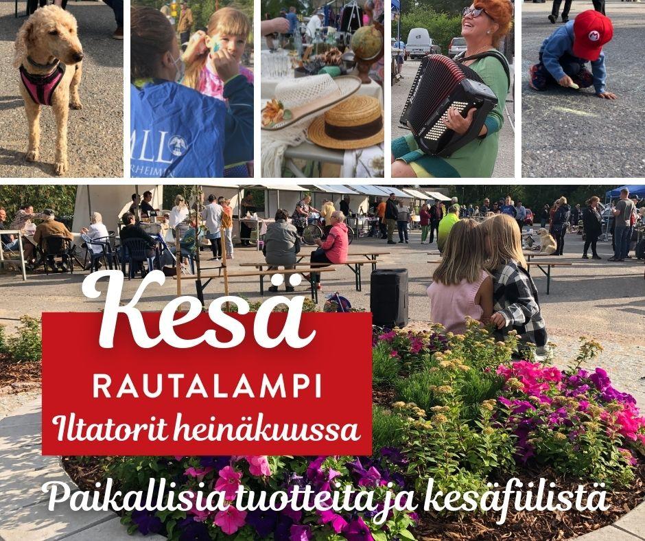 Tapahtumailmoitus, jossa on kuvia Rautalammin iltatorilta. Kuvissa näkyy mm. koira, lapsi kasvomaalauksessa, haitaria soittava nainen, katuliiduilla piirtäviä lapsia sekä ihmisiä toriaukealla auringonpaisteessa