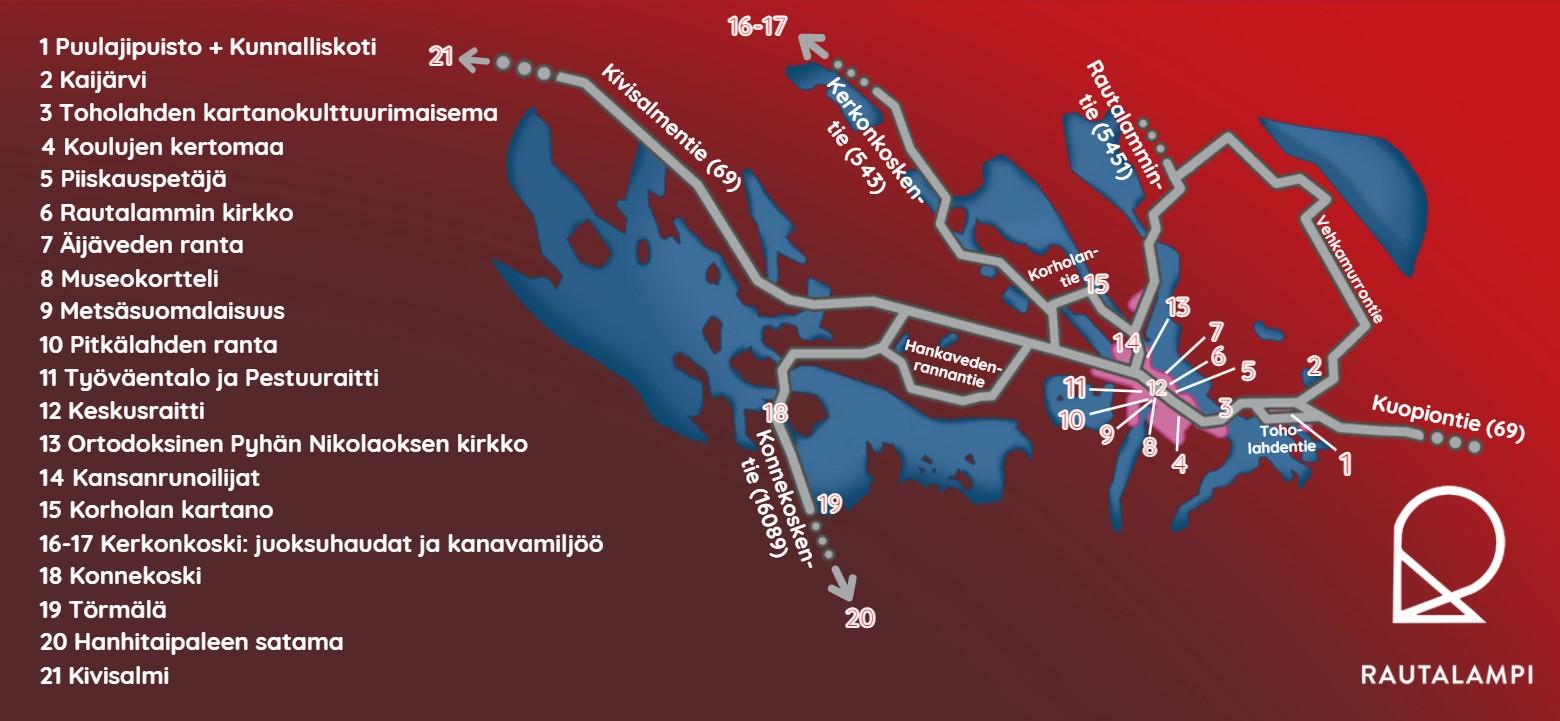 Karttakuva Rautalammin historiallisen kulttuuripolun tietotaulujen sijainneista