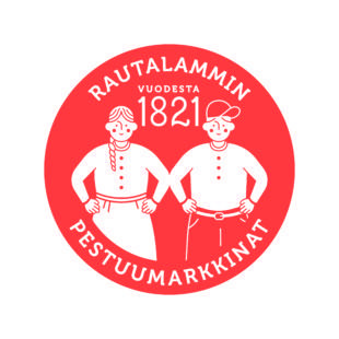 Rautalammin Pestuumarkkinoinen punainen, pyöreä logo, jossa valkoisella piika ja renki