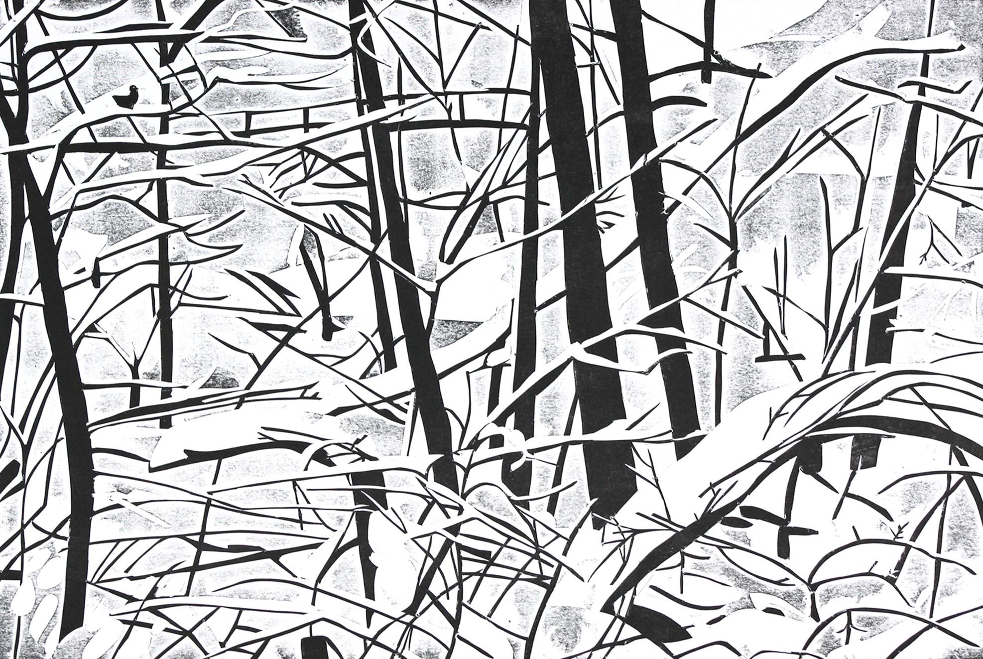 Iana Vulpen mustavalkoinen grafiikan teos, jossa lumisia lehtipuiden runkoja