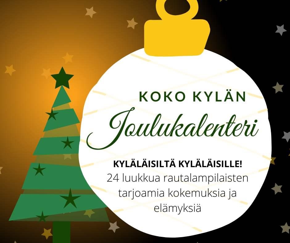 Koko kylän joulukalenterin mainoskuva, jossa joulupallo ja vihreä joulukuusi