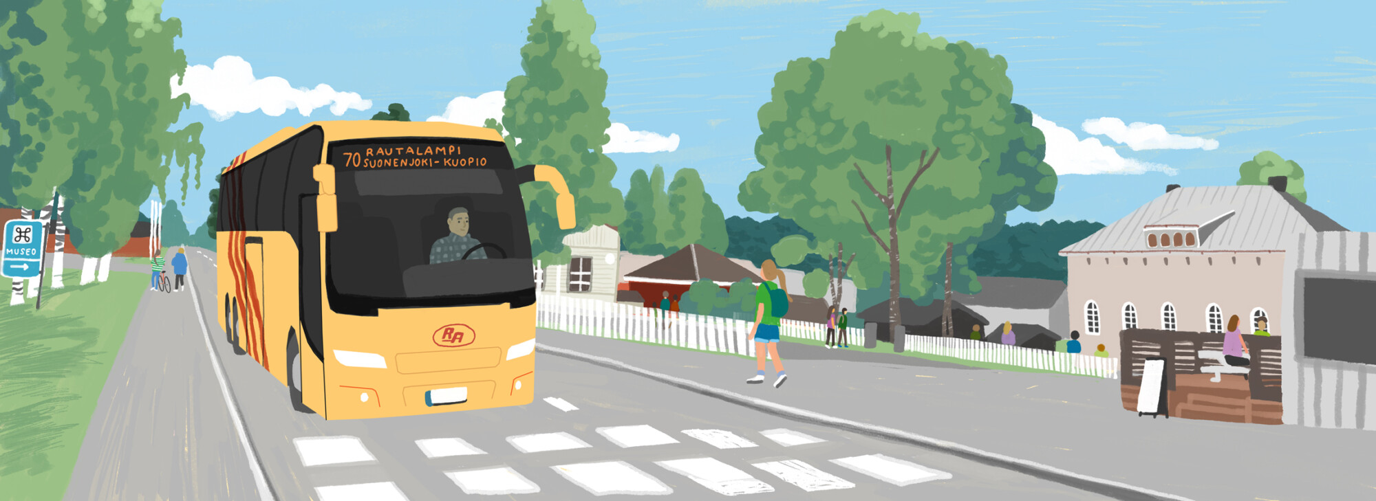Graafinen kuva, keltapunainen Rautalammin linja-auto ajaa Rautalammin raitilla